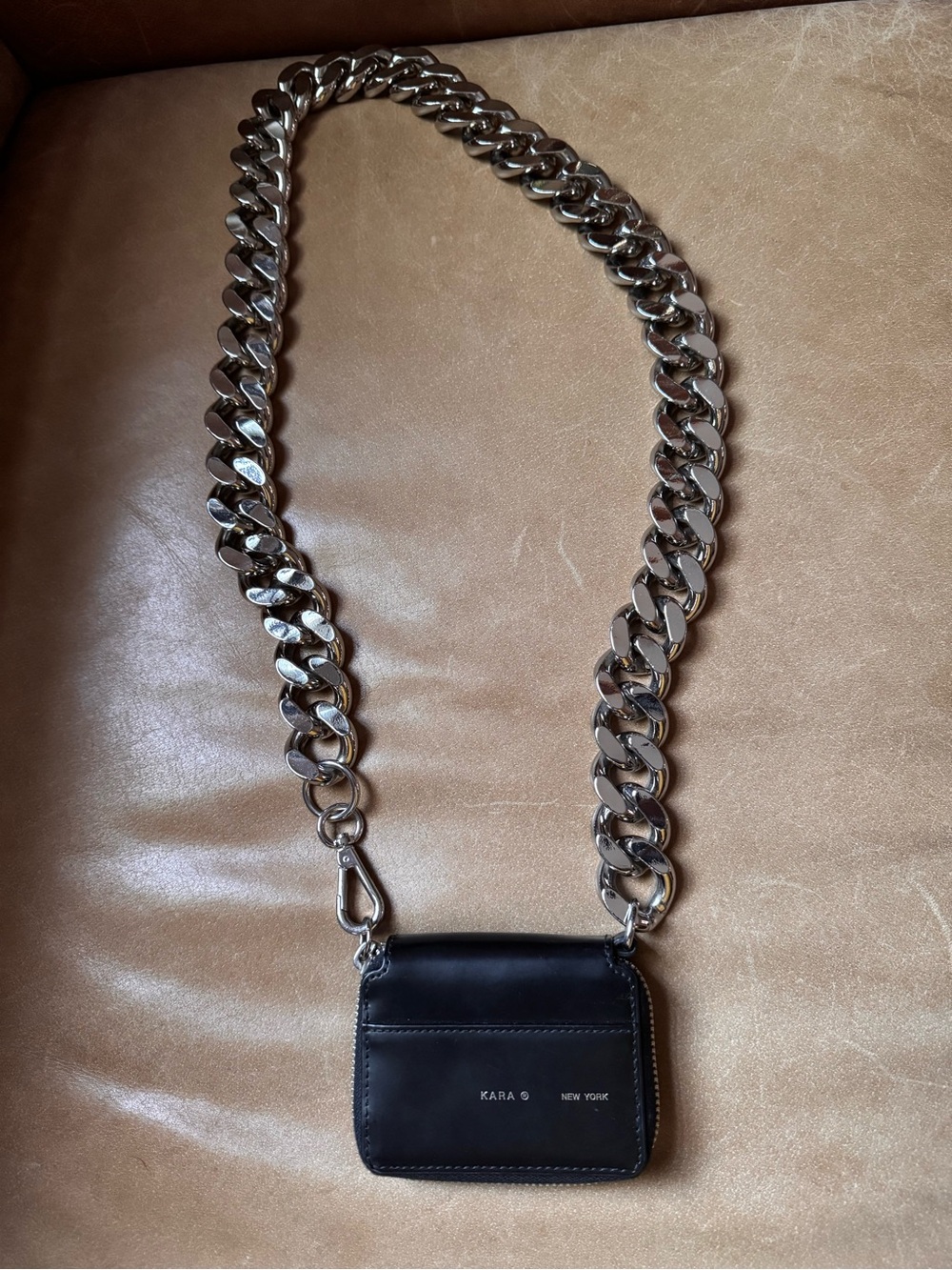 Kara New York Bike Wallet Black Leather Chunky Silver curb Chain Crossbody Bag - Picture 7 of 16
